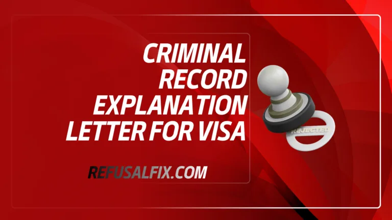 Criminal record explanation letter for visa application displayed on a red background.