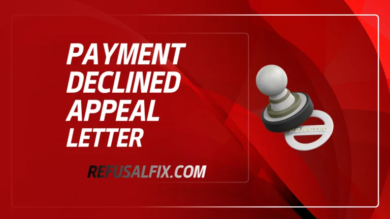 Sample payment declined appeal letter with a close-up of a stamp and document on red background.