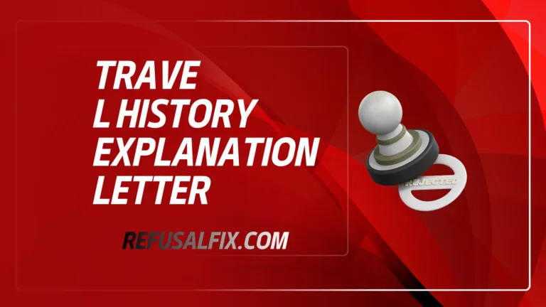 A travel history explanation letter with a pen and a visa document on a red background.