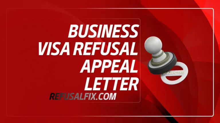 Business visa refusal appeal letter document with a red background and white text.