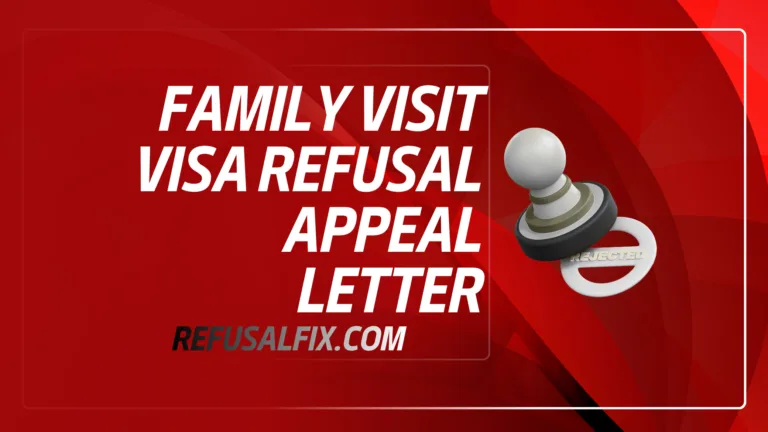 Family visit visa refusal appeal letter document with a pen on a red background.