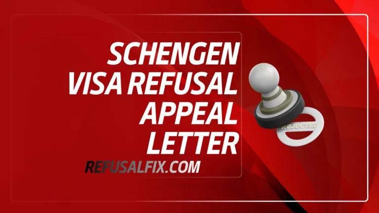 A hand holding a pen in front of a document titled 'Schengen Visa Refusal Appeal Letter' on a red background.