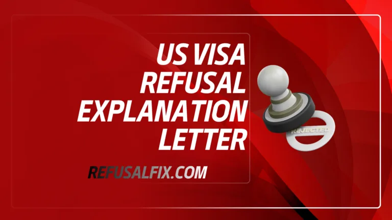 US Visa Refusal Explanation Letter shown on a red background with a chess pawn icon.